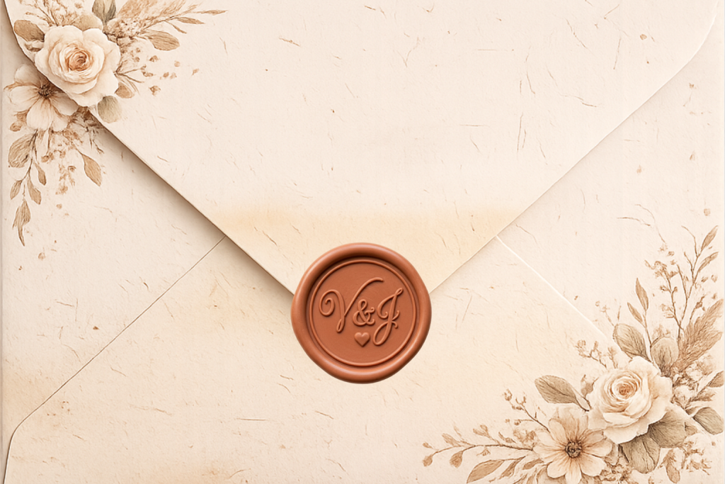 Enveloppe de faire-part digital beige texture papier avec fleurs séchées et sceau de cire.